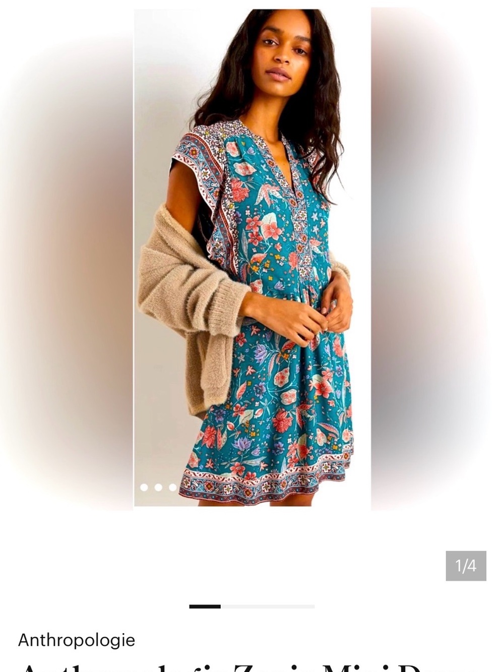 Anthropologie Teal Floral V-Neck Midi Dress